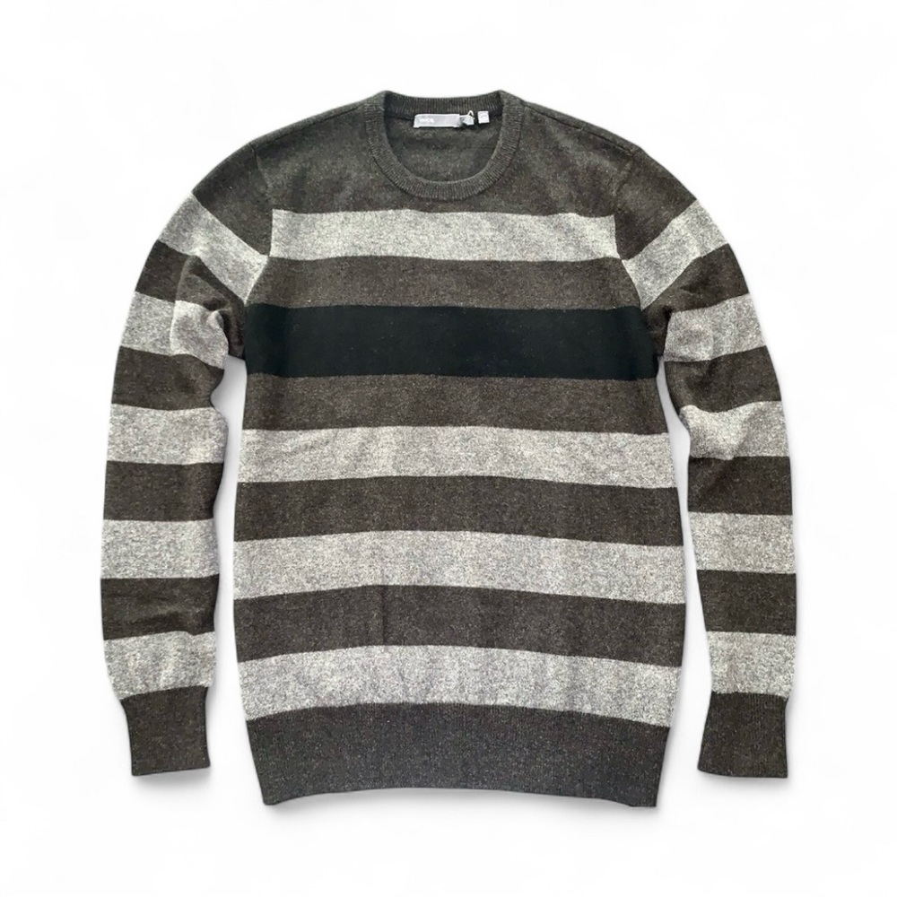 Vince Men’s Cashmere Collection Striped Crewneck Sweater Grey/Brown Size M EUC